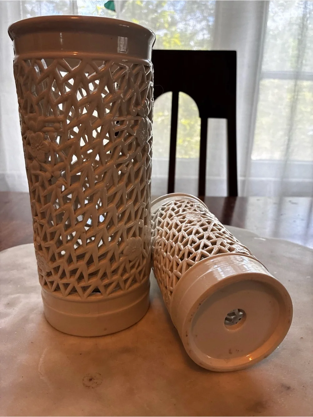 Vtg CHINESE BLANC DE CHINE RETICULATED CHERRY BLOSSOM lamp open vase porcelain